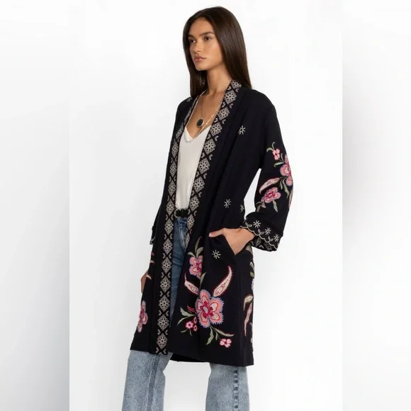 Johnny Was Libby French Terry Kimono Coat black with pink floral embroidery - Picture 2 of 6